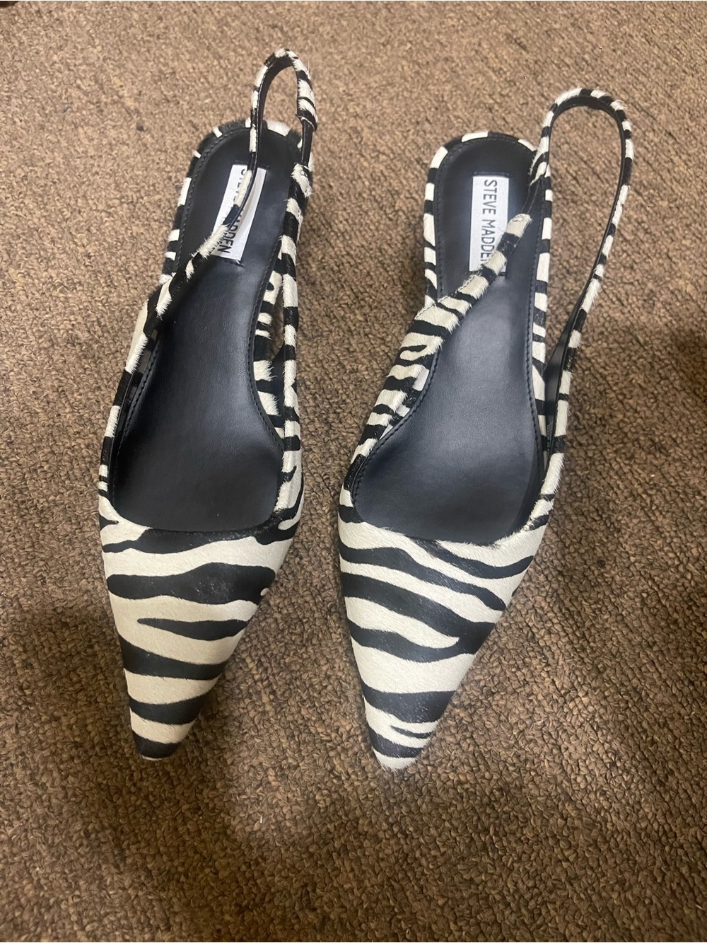 Steve Madden Black & White Zebra Pointed Slingback kitten heels